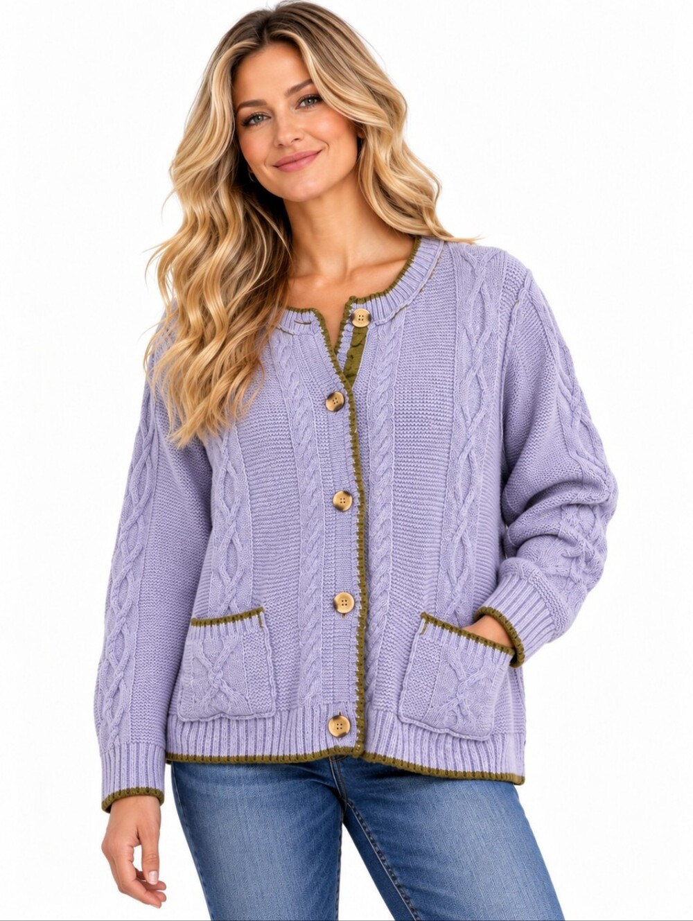 Sundance XXL Lavender 100% Wool Cable Knit Cardigan Sweater